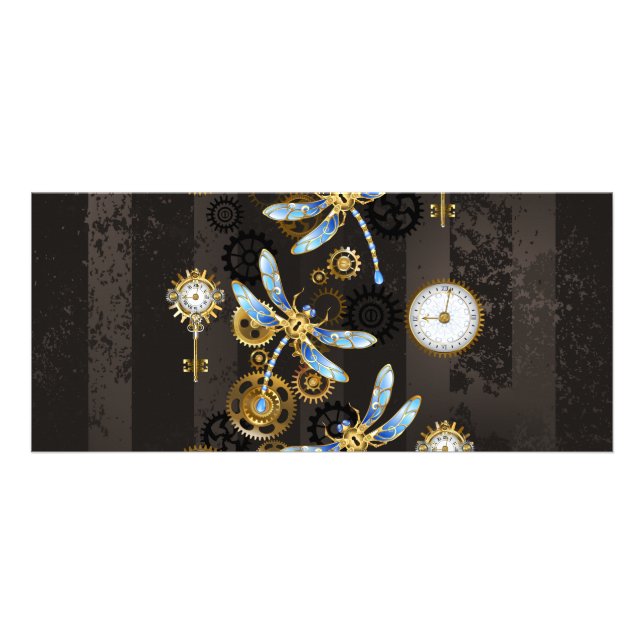 Steampunk Dragonflies på brun strimmig bakgrund Reklamkort (Framsidan)