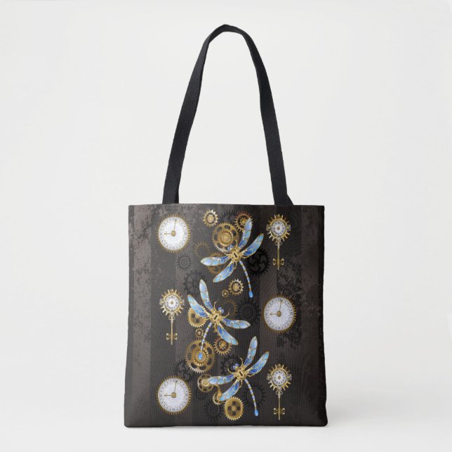 Steampunk Dragonflies på brun strimmig bakgrund Tygkasse (Framsida)