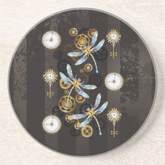 Steampunk Dragonflies på brun strimmig bakgrund Underlägg (Framsidan)