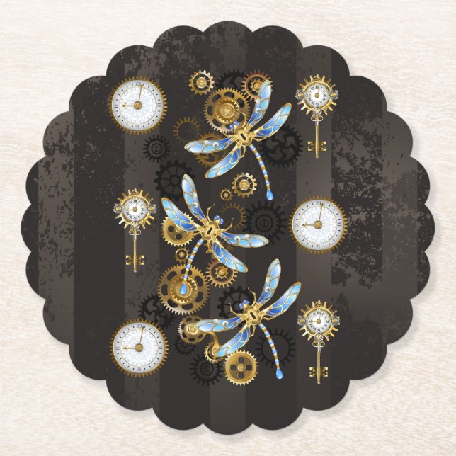 Steampunk Dragonflies på brun strimmig bakgrund Underlägg Papper (Framsida)