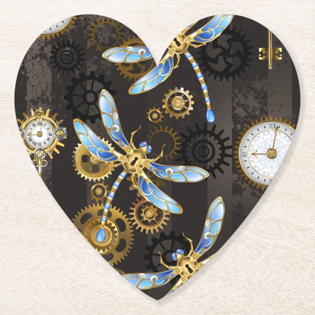 Steampunk Dragonflies på brun strimmig bakgrund Underlägg Papper (Framsida)