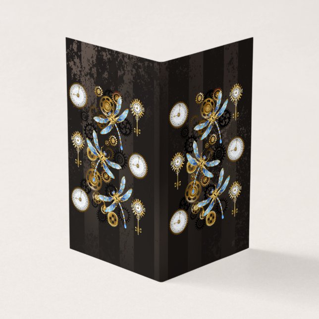 Steampunk Dragonflies på brun strimmig bakgrund Visitkort (Utsida)