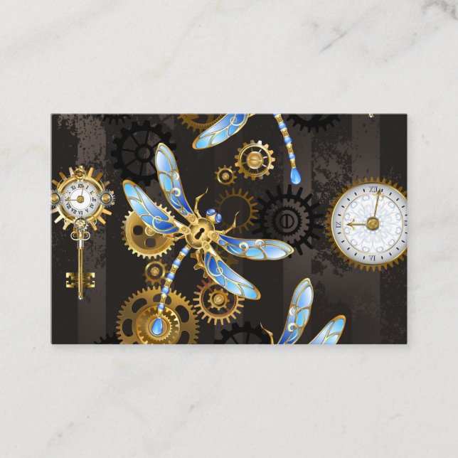 Steampunk Dragonflies på brun strimmig bakgrund Visitkort (Framsida)