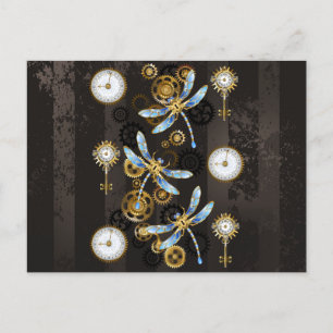 Steampunk Dragonflies på brun strimmig bakgrund Vykort