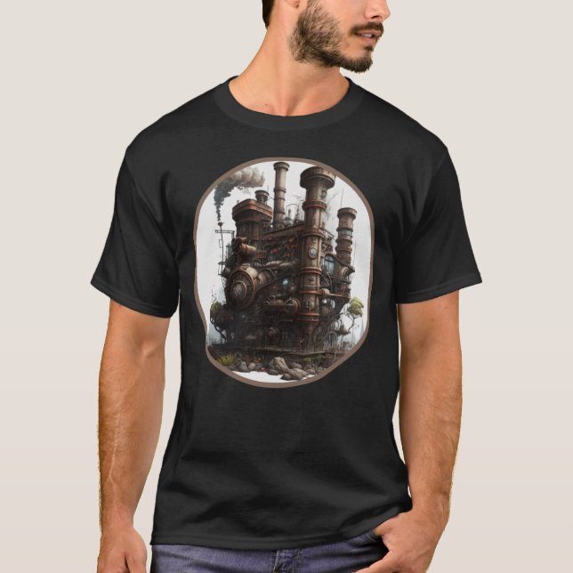 Steampunk Dystopian City Retro Scifi Mechanical Ge T Shirt (Framsida)