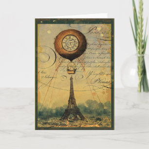 Steampunk Eiffel Torn och Luftballong Kort