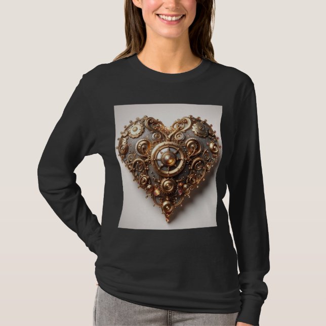 Steampunk Elegant Clockwork Gear Heart T Shirt (Framsida)