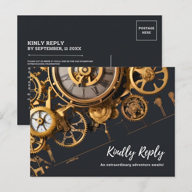 Steampunk Extravaganza Vintage Klockverk RSVP Inbjudan Vykort (Fram/baksida)