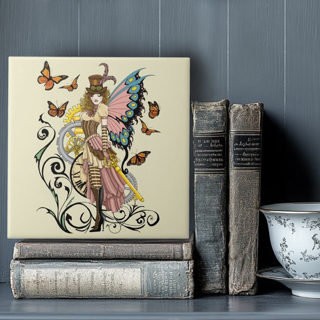 Steampunk Fairy Gult Clock Gears Kakelplatta (Skapare uppladdad)