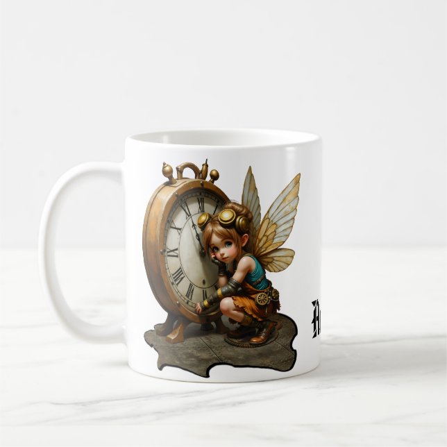 Steampunk Fairy with Golden Vingar & Antique Clock Kaffemugg (Vänster)