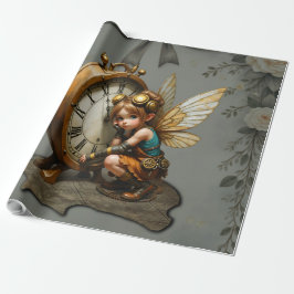 Steampunk Fairy with Golden Vingar & Antique Clock Presentpapper