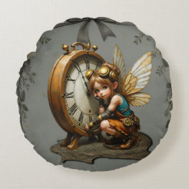Steampunk Fairy with Golden Vingar & Antique Clock Rund Kudde