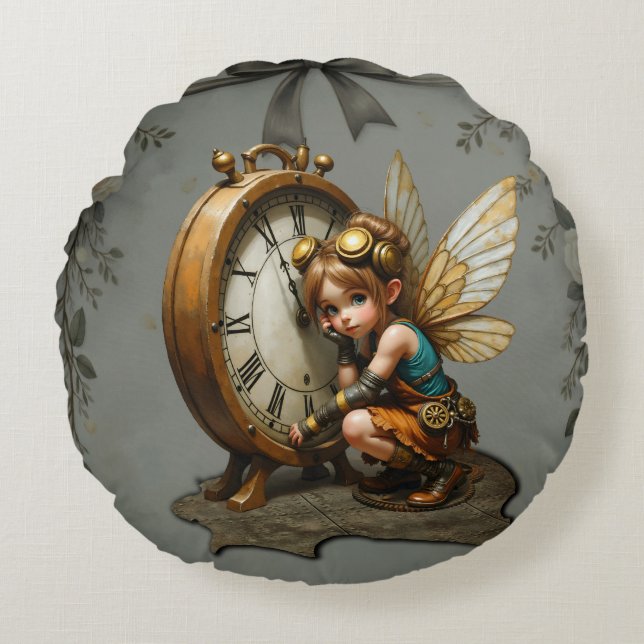 Steampunk Fairy with Golden Vingar & Antique Clock Rund Kudde (Framsidan)