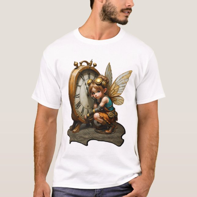 Steampunk Fairy with Golden Vingar & Antique Clock T Shirt (Framsida)