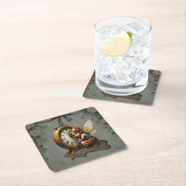 Steampunk Fairy with Golden Vingar & Antique Clock Underlägg Papper Kvadrat (Insitu)