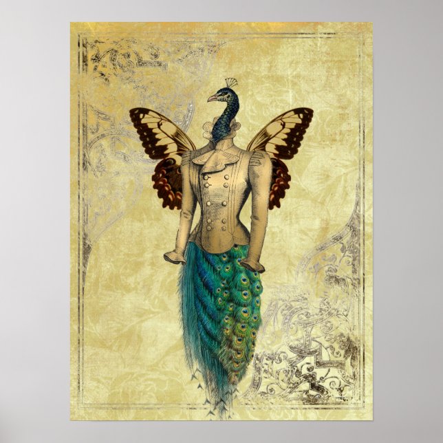 Steampunk Fantasy Peacock Guld Poster (Framsidan)