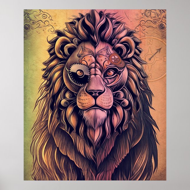 Steampunk Färg Gradient Rustic Lejon Poster (Framsidan)