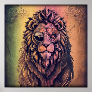 Steampunk Färg Gradient Rustic Lejon Poster