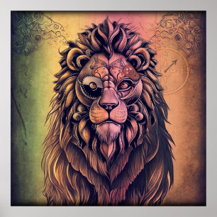 Steampunk Färg Gradient Rustic Lejon Poster