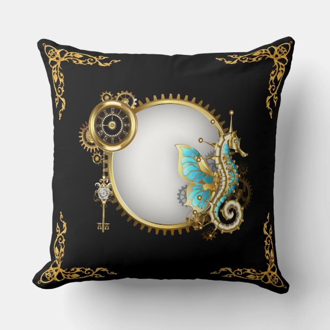 Steampunk Färgrik Sjöhäst på Vit och Guld  Kudde (Framsida)