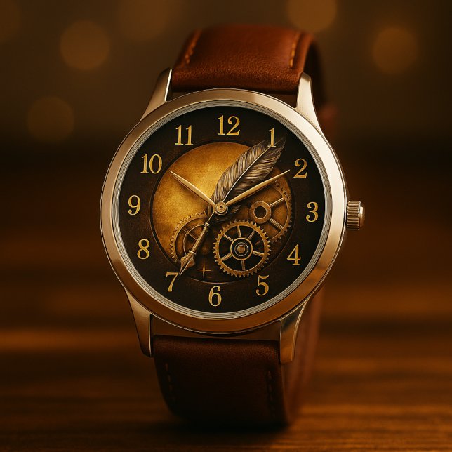 Steampunk Feather Clock – Antique Gold Art Armbandsur (Skapare uppladdad)
