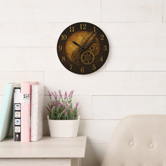 Steampunk Feather Clock – Antique Gold Art Stor Klocka (Läsesal)