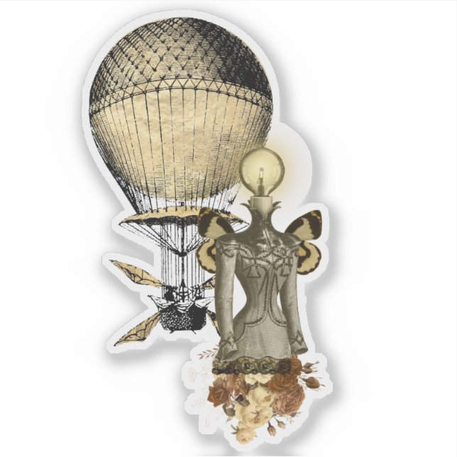 Steampunk Female Bust och flygande Maskin Klistermärken (Framsida)