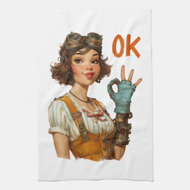 Steampunk-flicka med självsäkert OK-gest Kökshandduk (Vertikal)