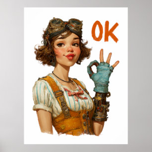 Steampunk-flicka Säkert OK-gest Poster