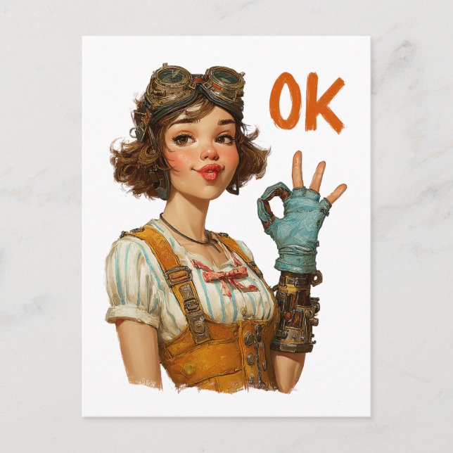 Steampunk-flicka Säkert OK-gest Vykort (Framsida)