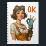 Steampunk-flicka Självsäkert OK-gest Anteckningsbok<br><div class="desc">En lekfull ung kvinna med steampunk-stil visar en ”OK”-gest med ett självsäkert leende. Hennes skyddsbrillor,  detaljer på mekanisk arm och lagerbyggda outfit blandar vintage-inspiration med fantasifull design. Varma toner och uttrycksfulla drag skapar en livlig,  karaktärsdriven scen som balanserar charm,  kreativitet och modig personlighet.</div>