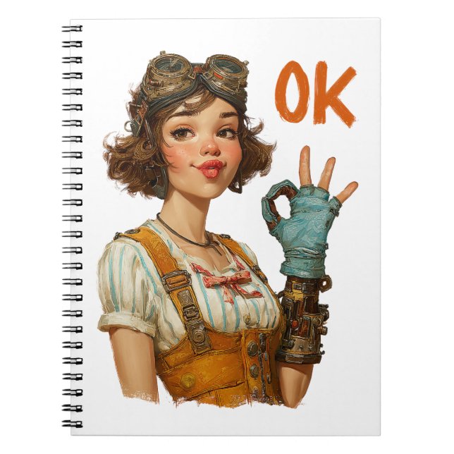 Steampunk-flicka Självsäkert OK-gest Anteckningsbok (Framsidan)