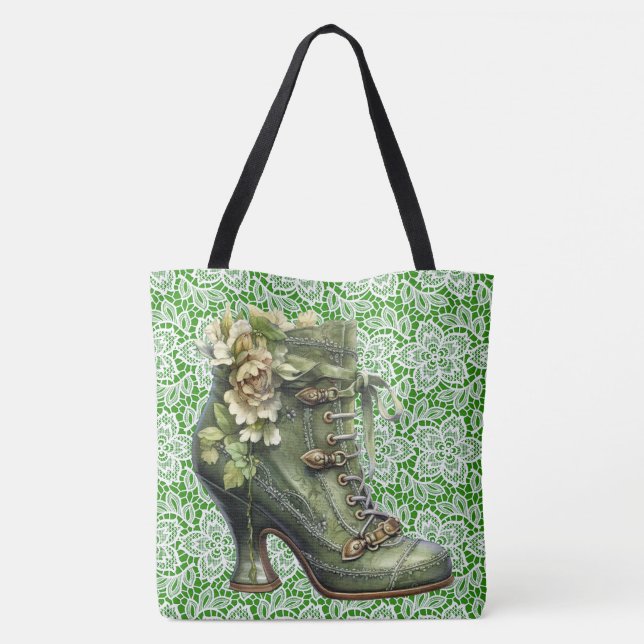 Steampunk Floral n' Lace Boot Stor Axelväska Tygkasse (Baksida)
