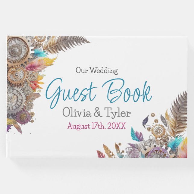 Steampunk, Flowers och Feathers Bröllop Gästböcker (Framsida)