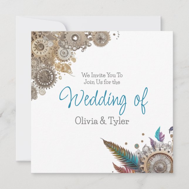 Steampunk, Flowers och Feathers Bröllop Inbjudningar (Framsida)