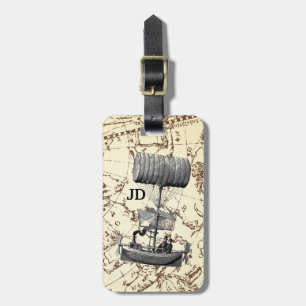 Steampunk Flytande båt på Zodiac Karta med Initial Bagagebricka