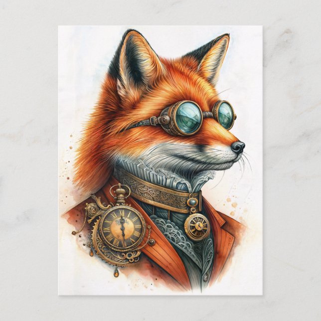 Steampunk Fox - Tidshållarens vattenfärg Vykort (Framsida)