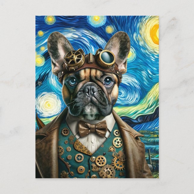 Steampunk Fransk Bulldog i Starry Natt Vykort (Framsida)