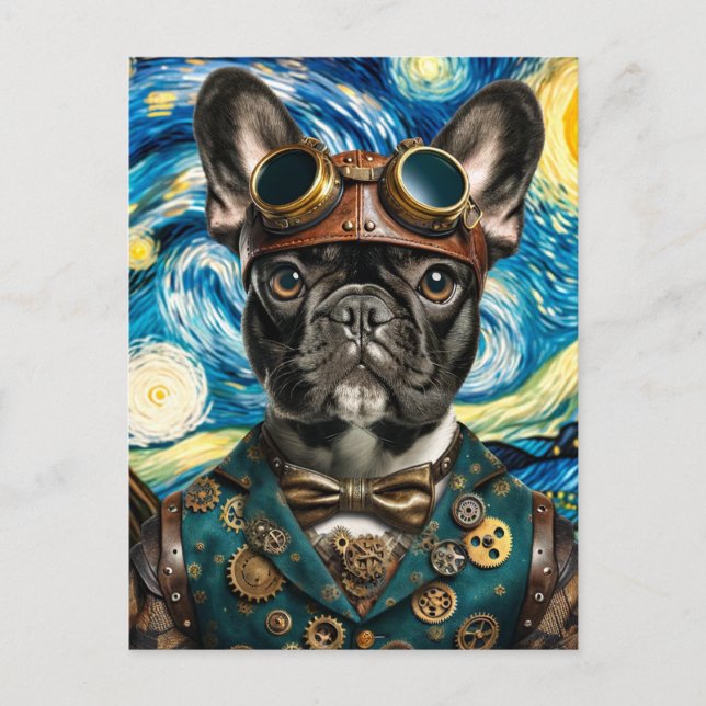 Steampunk Frenchie i den stjärnklara natten Vykort (Framsida)