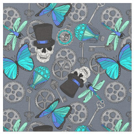 Steampunk Funky Gothic Grått och Blue Patterned Tyg