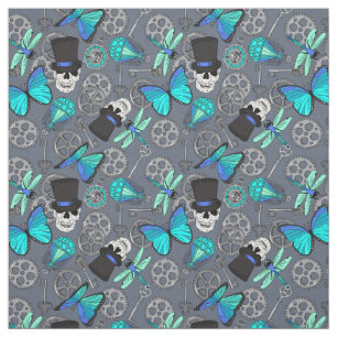 Steampunk Funky Gothic Grått och Blue Patterned Tyg