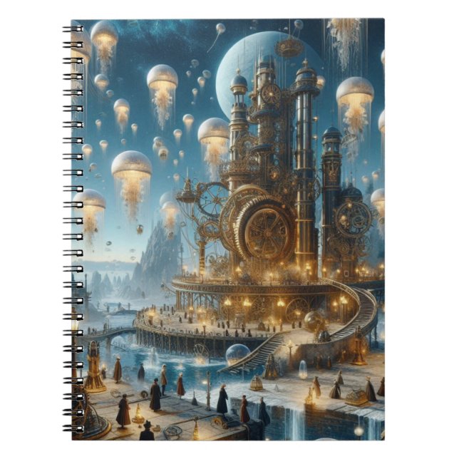 Steampunk Futuristiska Ancient City med Jellyfish Anteckningsbok (Framsidan)