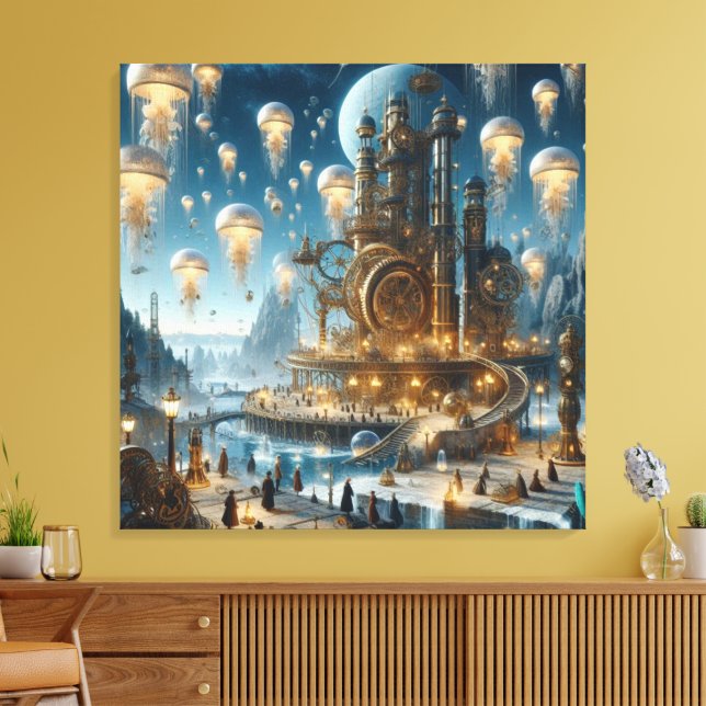 Steampunk Futuristiska Ancient City med Jellyfish Canvastryck (Insitu (Vardagsrum))