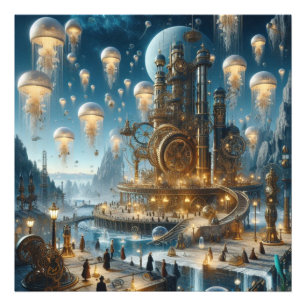 Steampunk Futuristiska Ancient City med Jellyfish Fototryck