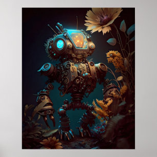 Steampunk Futuristiska Robot & Flowers Poster