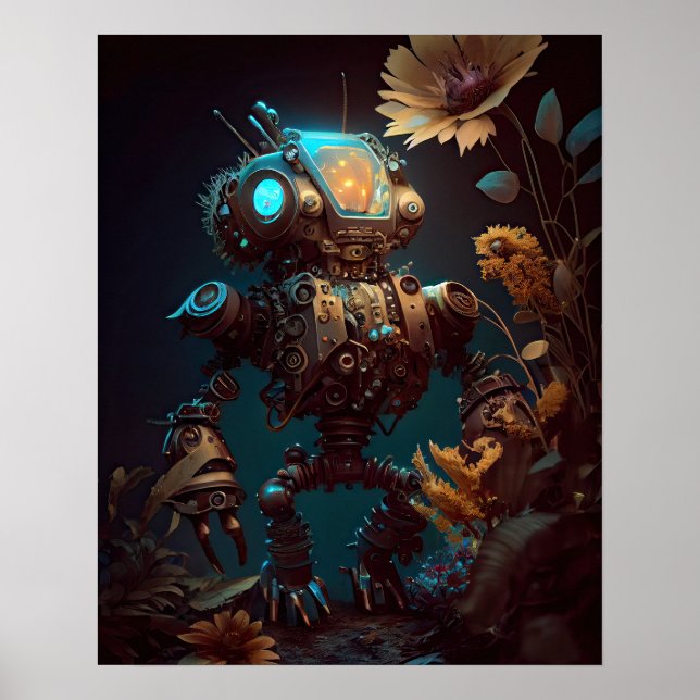 Steampunk Futuristiska Robot & Flowers Poster (Framsidan)