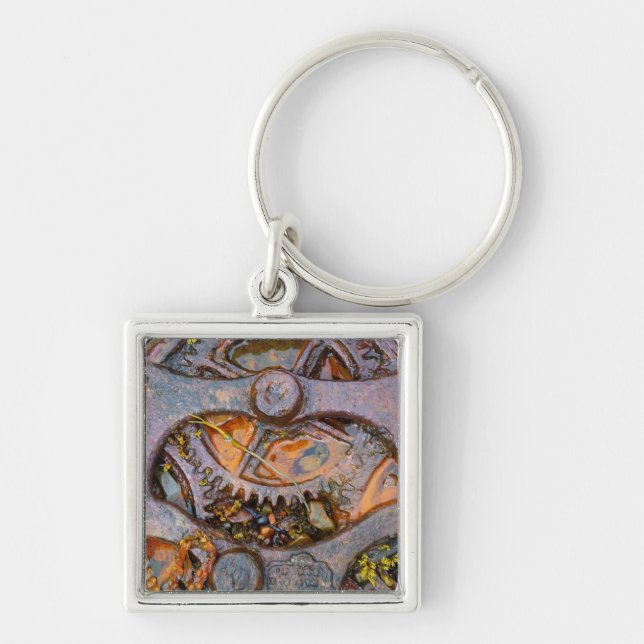 Steampunk Fyrkantig Silverfärgad Nyckelring (Framsidan)