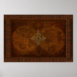 Steampunk - gammal världskarta och kompass Ro-desi Poster