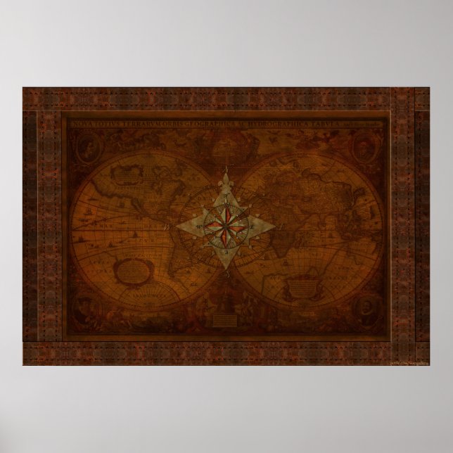 Steampunk - gammal världskarta och kompass Ro-desi Poster (Framsidan)