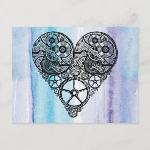 Steampunk Gear Valentine Heart Watercolor Bröllop Helg Vykort